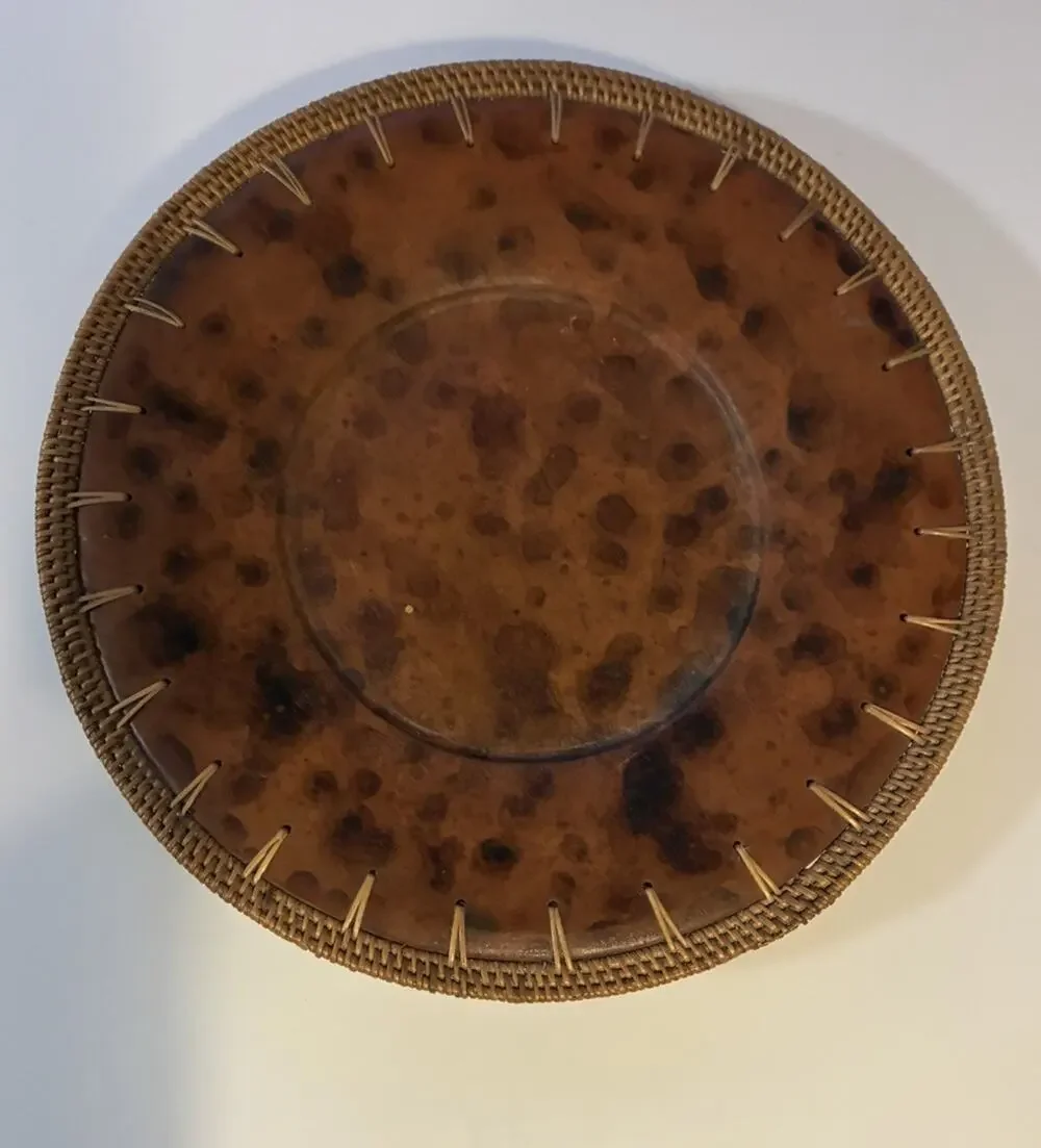 Pier 1 Decorative 14” Charger Plate FAUX Brown Leather Wrapped Rattan Edge